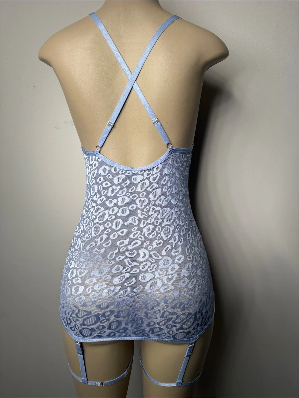 Blue Sheer Leopard Lace Slip with Garter Straps - Women's Intimates